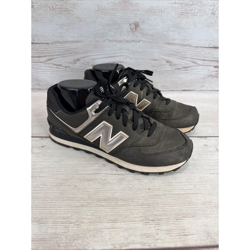 New Balance 574 Women's 10 Leather Sneakers Shoes Black Silver Gold Sheen